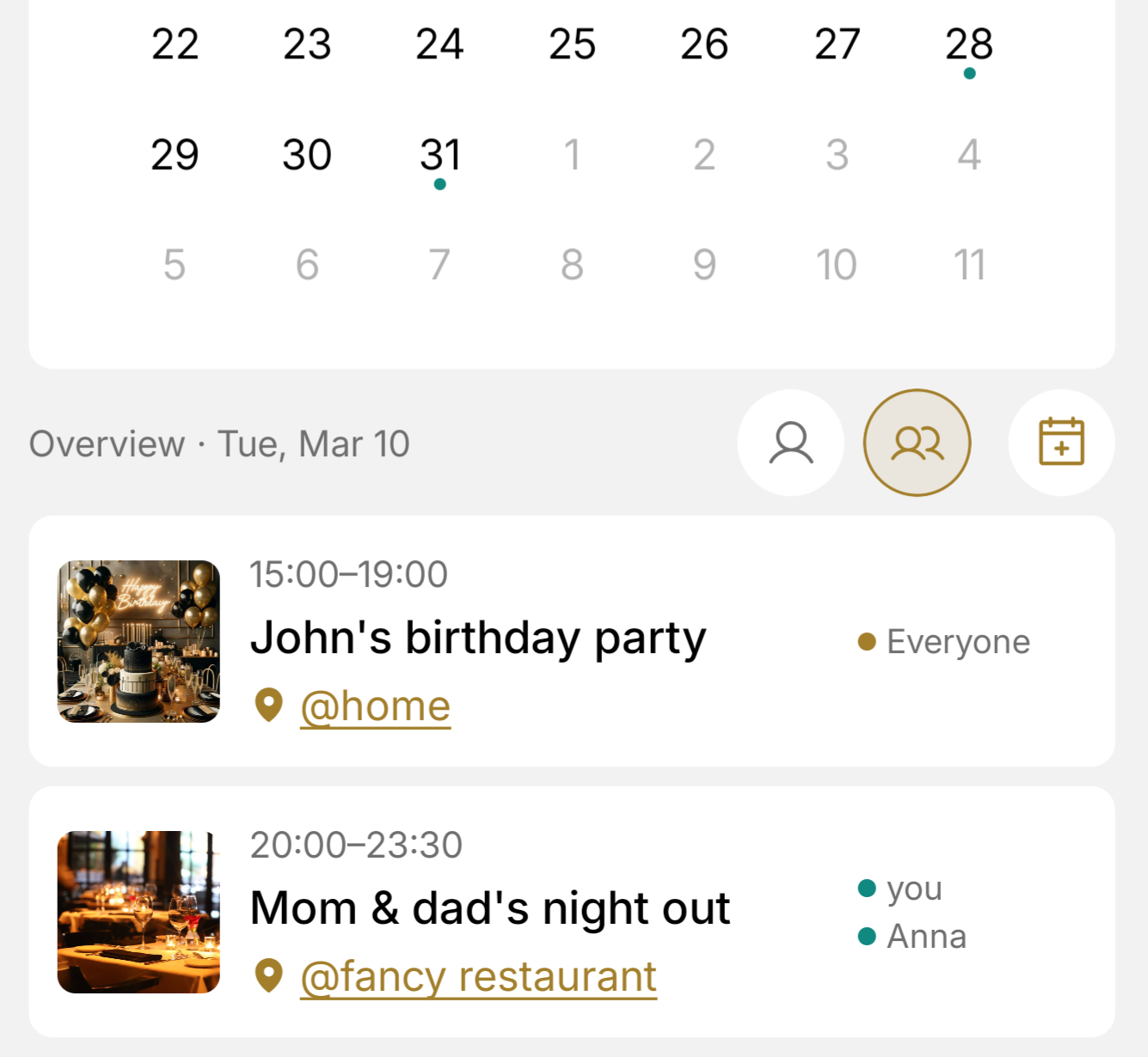 Shared household calendar in the Lyncus Households space